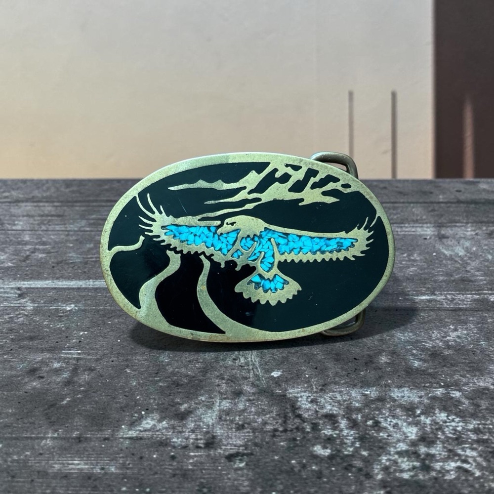 Eagle Lightning Metal Belt Buckle  turquoise Vintage